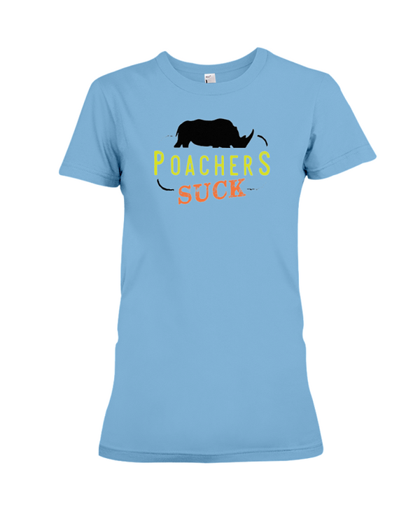 Poachers Suck Statement (Rhinos) T-Shirt - Design 1 - Ocean Blue / S - Clothing rhinos womens t-shirts