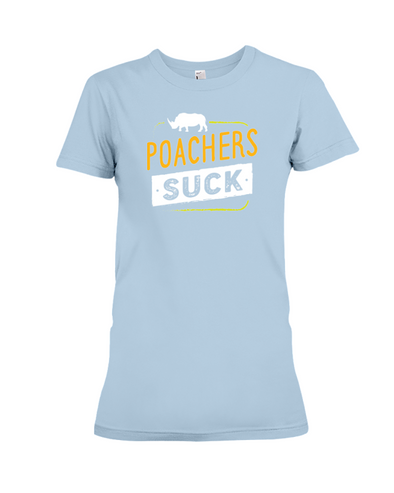 Poachers Suck Statement (Rhinos) T-Shirt - Design 2 - Baby Blue / S - Clothing rhinos womens t-shirts