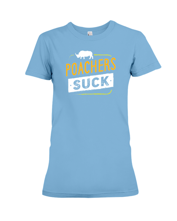 Poachers Suck Statement (Rhinos) T-Shirt - Design 2 - Ocean Blue / S - Clothing rhinos womens t-shirts