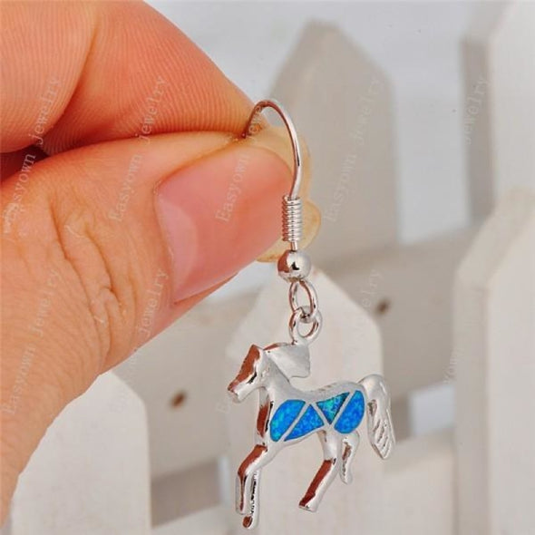 Sterling Silver Blue Fire Opal Horse Loop Earrings - Jewelry earrings horses opal