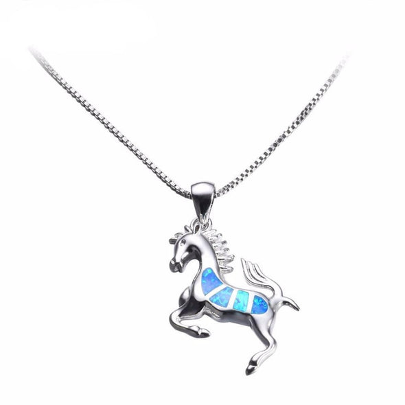 Sterling Silver Fire Blue Opal Horse Pendant & Necklace - Jewelry horses necklaces opal