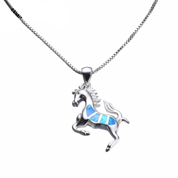 Sterling Silver Fire Blue Opal Horse Pendant & Necklace - Jewelry horses necklaces opal