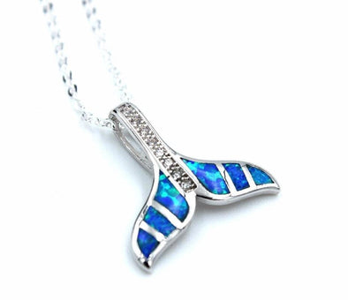 Sterling Silver & Fire White/Blue/Green Opal Dolphin Tail Pendant & Necklace - Blue - Jewelry dolphins necklaces opal