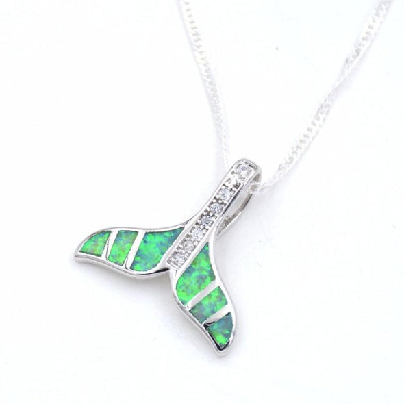 Sterling Silver & Fire White/Blue/Green Opal Dolphin Tail Pendant & Necklace - Jewelry dolphins necklaces opal