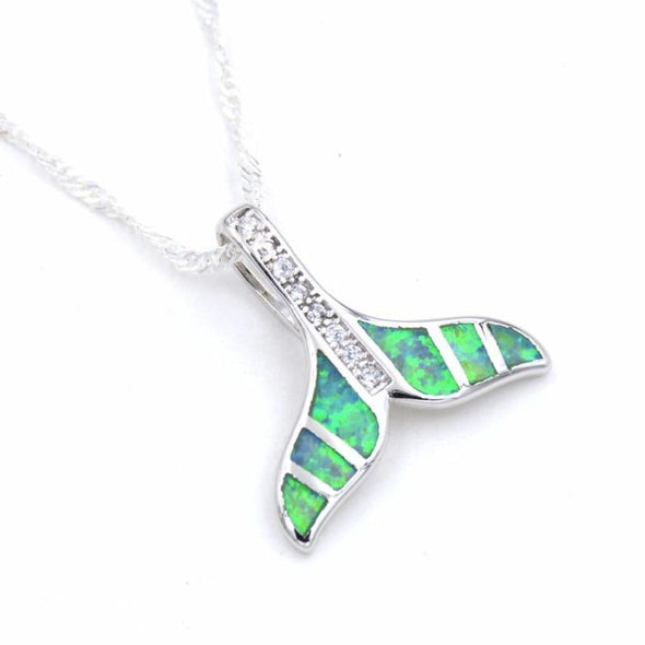 Sterling Silver & Fire White/Blue/Green Opal Dolphin Tail Pendant & Necklace - Green - Jewelry dolphins necklaces opal