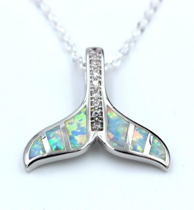 Sterling Silver & Fire White/Blue/Green Opal Dolphin Tail Pendant & Necklace - White - Jewelry dolphins necklaces opal