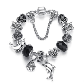 Tibetan Silver Dolphin w/Shell & Italian Murano Black Glass Bead Bracelet - 7.08in / 18cm - Jewelry bracelets dolphins italian tibetan