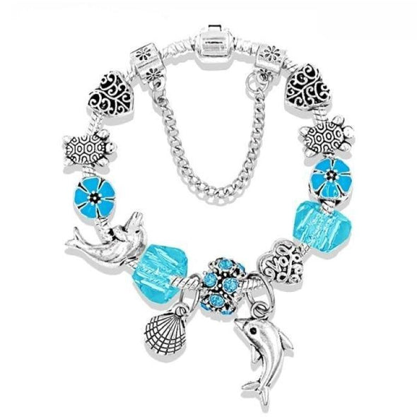 Tibetan Silver Dolphin w/Shell & Italian Murano Glass Bead Bracelet - Blue Charm Bracelet / 7.5in/19cm - Jewelry bracelets, dolphins, 