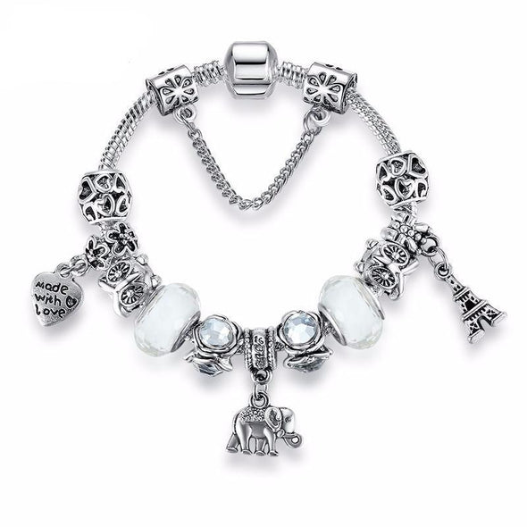 Tibetan Silver Elephant w/Heart & Eiffel Tower & Italian Murano White Glass Bead Bracelet - 7.08in / 18cm - Jewelry bracelets elephants