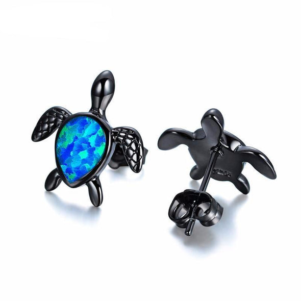 Vintage Black & Fire Blue Opal Turtle Earrings - Small - Jewelry Earrings Opal Turtles