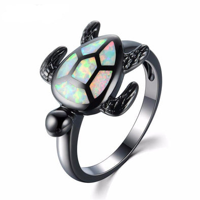 White Fire Opal & Black Chrome Turtle Ring - 10 - Jewelry opal rings turtles