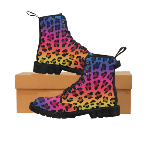 Womens Canvas Ankle Boots - Custom Leopard Pattern - Rainbow Leopard / Us6.5 - Footwear Ankle Boots Big Cats Boots Leopards